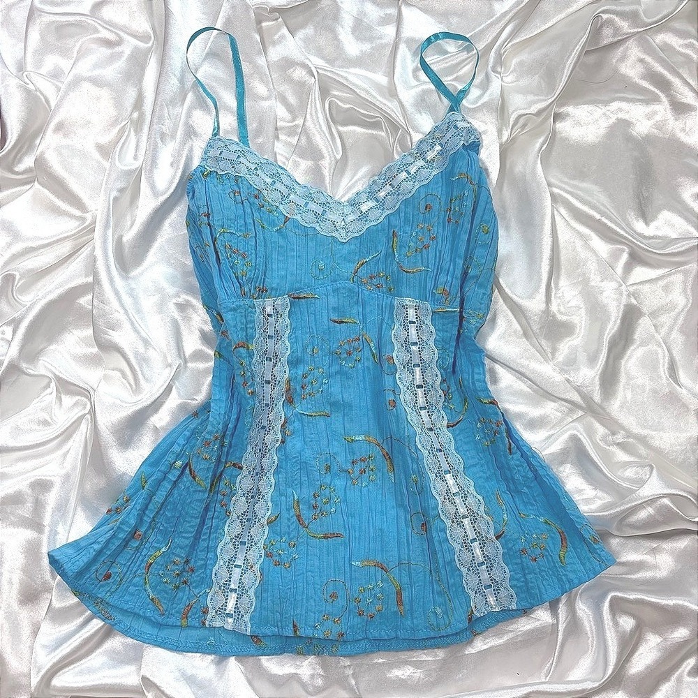 y2k Cami Top Blue Marina Floral Embroidery Lace Trim Fairycore Camisole